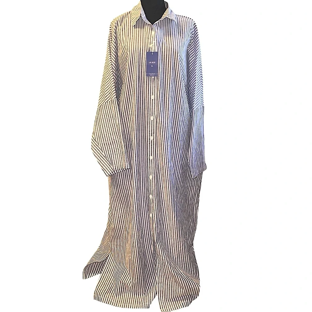 Chouytou button down shirt dress blue & white stripes, side pockets, split hem - Picture 2 of 16